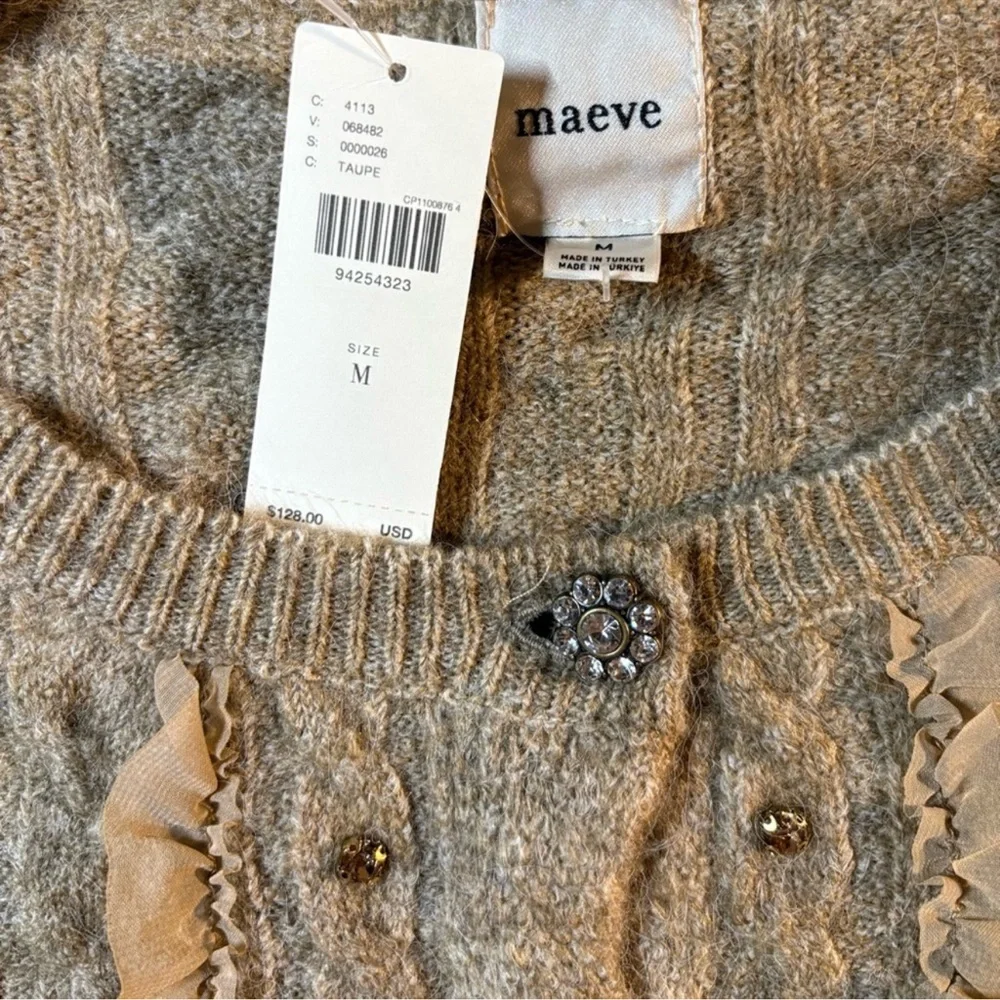 Maeve Short-Sleeve Embellished Ruffled
Cardigan Sweater in Taupe Sz M & L & XL - Picture 6 of 8